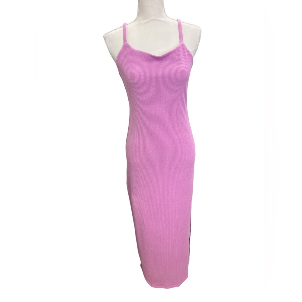 VICI Pink Ribbed Knit Bodycon Midi Dress Square Neck Side Slit Size M - Picture 2 of 14